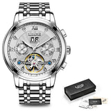 Silver automatic moon phase watch with white dial and black leather strap
