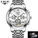 Silver automatic moon phase watch with white dial and steel link bracelet