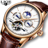 Rose gold automatic watch with white dial, sub-dials and brown leather strap