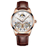 White skeleton dial automatic watch with rose gold case and brown leather strap