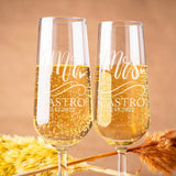 Personalized Mr and Mrs champagne flutes with custom name and wedding date engraving