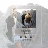 Acrylic photo plaque printed with a music player layout, song title and playback bar