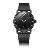ONOLA minimalist watch with black textured dial and black leather strap