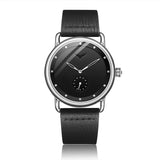 ONOLA minimalist watch with black dial, silver case and black leather strap