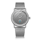 Front view of ONOLA minimalist watch with grey dial and grey leather strap