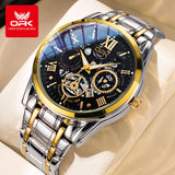OPK two-tone gold and silver watch with black skeleton dial and Roman numerals