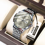 POEDAGAR silver watch with grey textured dial, day-date window and steel bracelet in gift box
