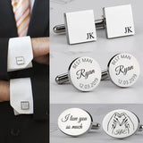 Collage of engraved cufflink designs with initials and messages, one pair shown on a shirt cuff