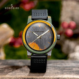 Wooden watch with black case and black strap shown on a wooden table