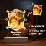 Photo lamp with decorative etched frame, custom photo, names and date on wooden base
