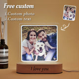 Photo lamp with custom picture and I love you text on a warm lit wooden base