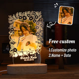 Photo night light with ornate gold frame print, custom names and date on wooden base