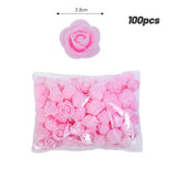 Pack of 100 pink foam roses shown with single rose and size reference