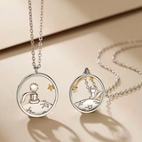 Silver circle pendant necklaces featuring the little prince and fox design on chains