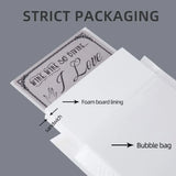 Graphic showing metal sign packed in foam sheeting and bubble bag for shipping