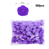 Pack of 100 purple foam roses shown with single rose and size reference
