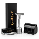 QSHAVE adjustable safety razor on chrome stand with gift box, blade packs and travel case
