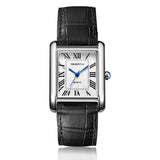 Silver case rectangular watch with white Roman numeral dial and black leather strap
