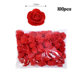 Pack of 100 red foam roses shown with single rose and size reference