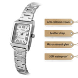 Silver tonneau watch with labeled callouts highlighting its dial, case and bracelet