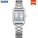Silver Casio tonneau watch with light blue dial and stainless steel bracelet