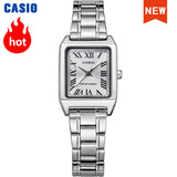 Silver Casio tonneau watch with white Roman numeral dial and stainless steel bracelet