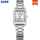 Silver Casio tonneau watch with white dial and stainless steel bracelet