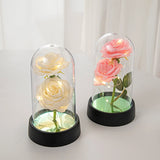 Red foil rose in a glass dome displayed with a pink gift box and size details