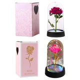 Red and pink foil rose domes shown with pink patterned gift box packaging