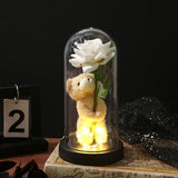 White foil rose in a glass dome displayed with a pink gift box and dimensions