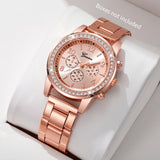 Rose gold women's watch with rhinestone bezel and steel link bracelet