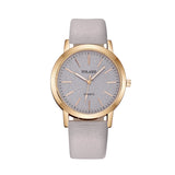 Rose gold women's watch with textured grey dial and pale grey strap