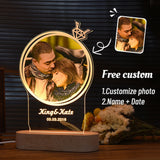 Round etched photo lamp of a couple with callouts showing free custom photo, names and date
