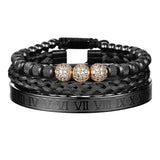 Black beaded three piece bracelet stack with crystal charm and Roman numeral bar