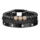 Black and silver three piece bracelet stack with crystal charm and Roman numeral bar