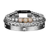 Silver three piece bracelet stack with crystal charm and Roman numeral bar front facing