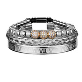 Silver and black three piece bracelet stack with crystal charm and Roman numeral bar