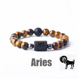 Tiger eye bead bracelet with Aries zodiac symbol bar charm