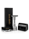 QSHAVE gift box with chrome safety razor, stand and black travel case displayed together