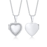 Two silver heart photo lockets on fine chains, one patterned and one plain