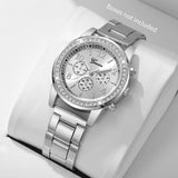 Silver women's watch with crystal set bezel and steel link bracelet