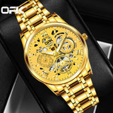 All gold OPK watch with black skeleton dial and gold steel link bracelet