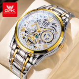 Silver OPK skeleton watch with white openwork dial and steel bracelet