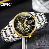Two-tone gold and silver skeleton watch with black dial and openwork centre
