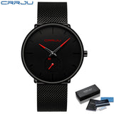 Black mesh band watch with black dial and red accented second hand