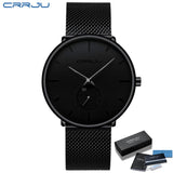 Black mesh band watch with plain black dial and silver hands