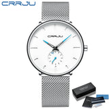 Silver mesh band watch with white dial and blue accent details