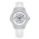 Silver women's watch with crystal bezel and rotating snowflake dial on white background