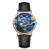 Front view of Starry Night art dial watch with rose gold case and black leather strap