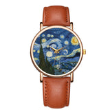 Front view of art dial watch with Starry Night design and tan brown leather strap